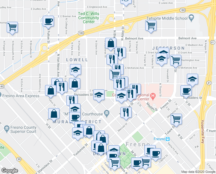 map of restaurants, bars, coffee shops, grocery stores, and more near 120 North Calaveras Street in Fresno