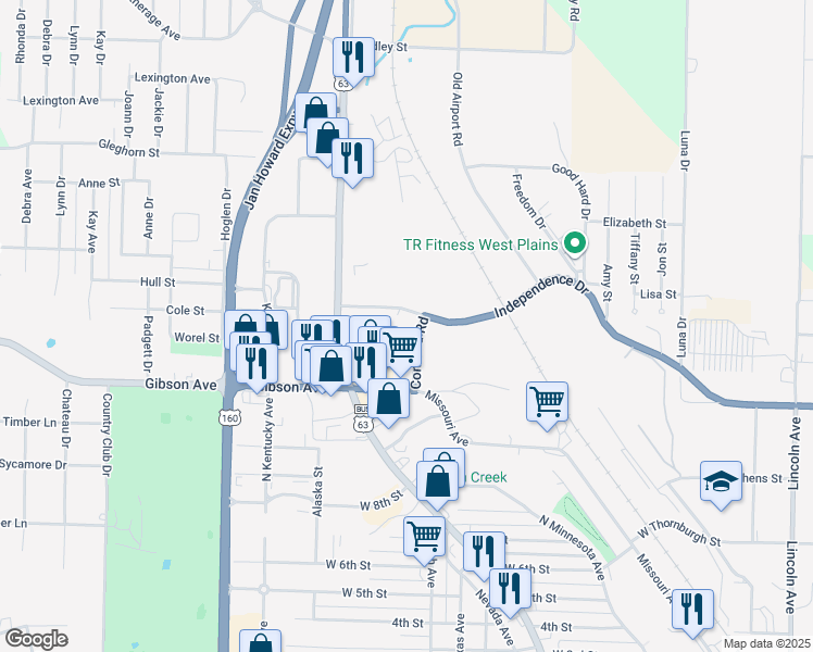 map of restaurants, bars, coffee shops, grocery stores, and more near 2114 Independence Drive in West Plains