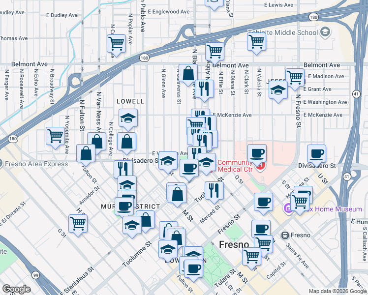map of restaurants, bars, coffee shops, grocery stores, and more near 120 North Calaveras Street in Fresno