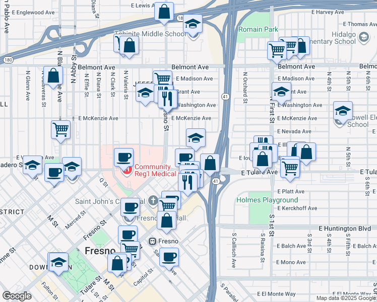 map of restaurants, bars, coffee shops, grocery stores, and more near 135 North Mariposa Street in Fresno
