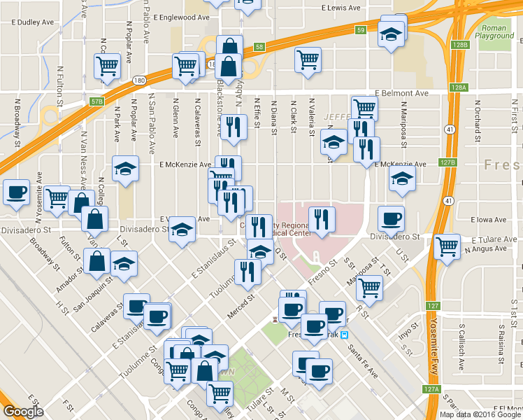 map of restaurants, bars, coffee shops, grocery stores, and more near 131 North Effie Street in Fresno