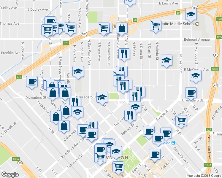 map of restaurants, bars, coffee shops, grocery stores, and more near 33 North Blackstone Avenue in Fresno