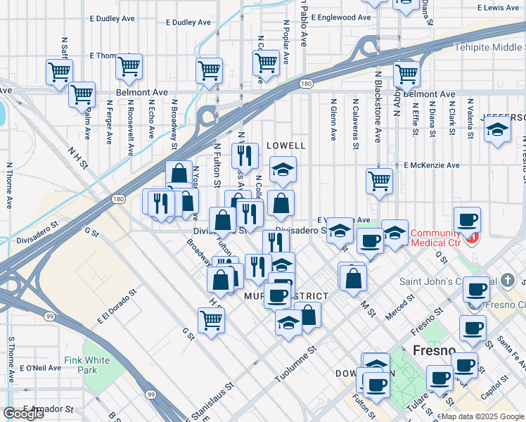 map of restaurants, bars, coffee shops, grocery stores, and more near 1105 East Divisadero Street in Fresno