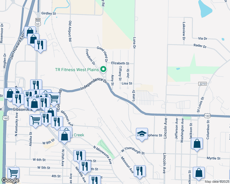 map of restaurants, bars, coffee shops, grocery stores, and more near 723 Independence Drive in West Plains