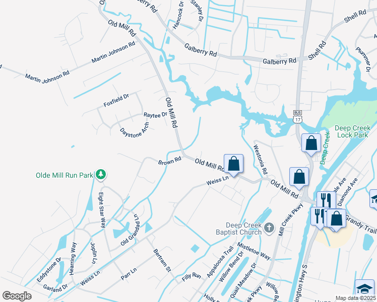 map of restaurants, bars, coffee shops, grocery stores, and more near 3300 Old Mill Road in Chesapeake
