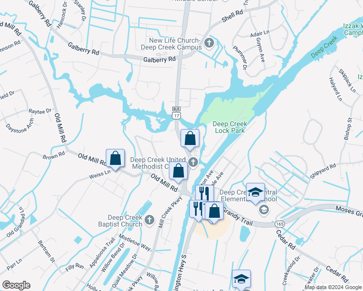 map of restaurants, bars, coffee shops, grocery stores, and more near 208 George Washington Highway North in Chesapeake
