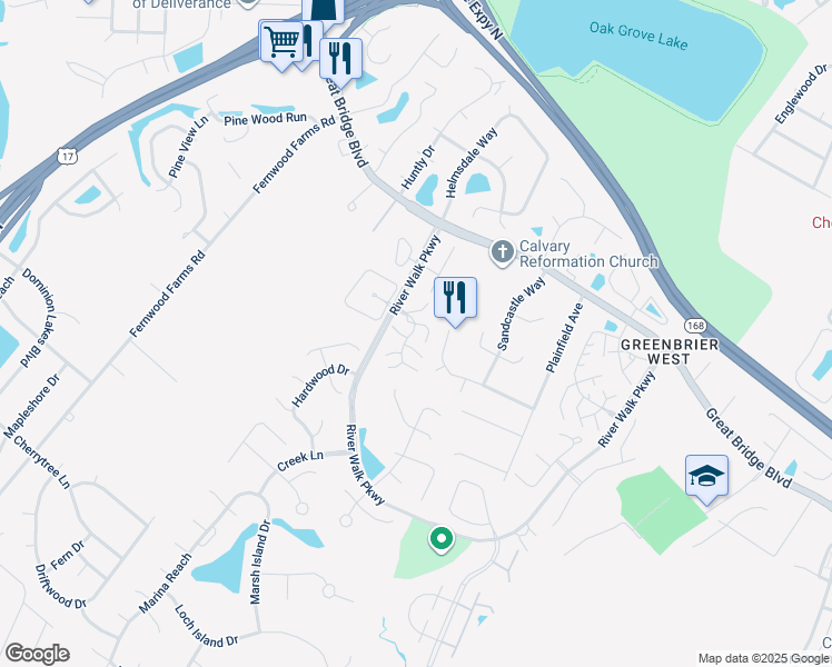 map of restaurants, bars, coffee shops, grocery stores, and more near 705 Rapidan River Court in Chesapeake