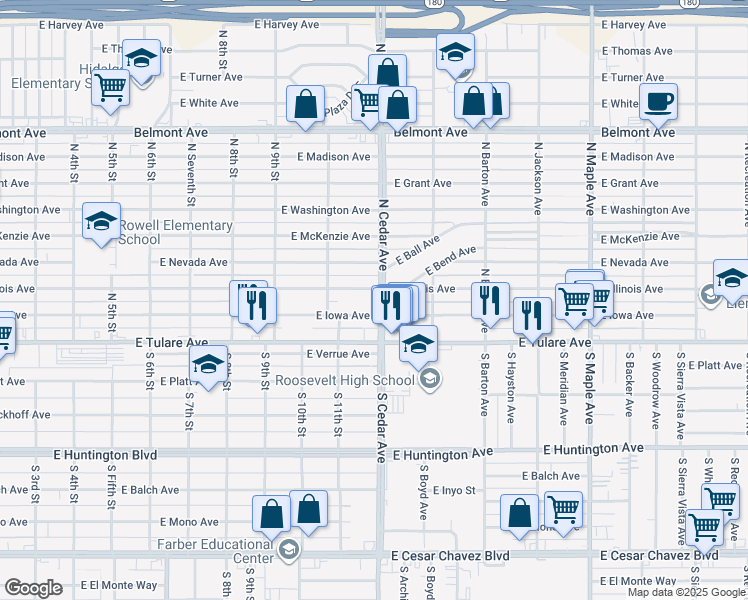 map of restaurants, bars, coffee shops, grocery stores, and more near 4209 East Tulare Avenue in Fresno