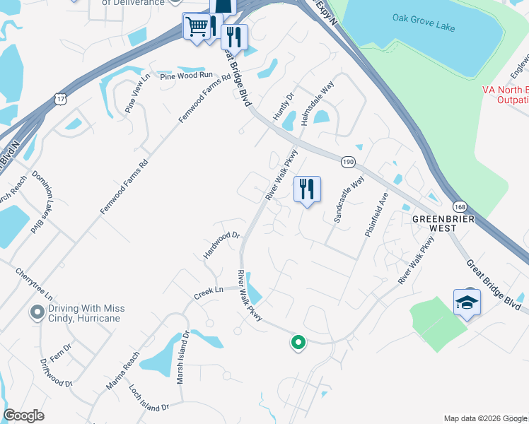 map of restaurants, bars, coffee shops, grocery stores, and more near 705 Holston River Court in Chesapeake