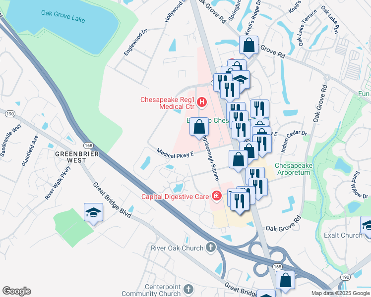 map of restaurants, bars, coffee shops, grocery stores, and more near 300 Medical Parkway in Chesapeake
