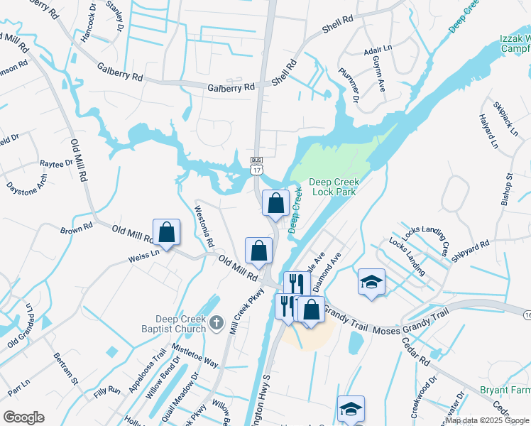 map of restaurants, bars, coffee shops, grocery stores, and more near 208 George Washington Highway North in Chesapeake