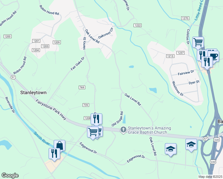map of restaurants, bars, coffee shops, grocery stores, and more near 71 Crystal View Lane in Bassett