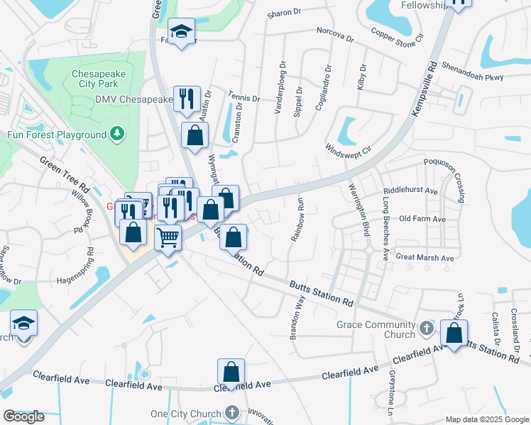 map of restaurants, bars, coffee shops, grocery stores, and more near 521 Track Crossing in Chesapeake