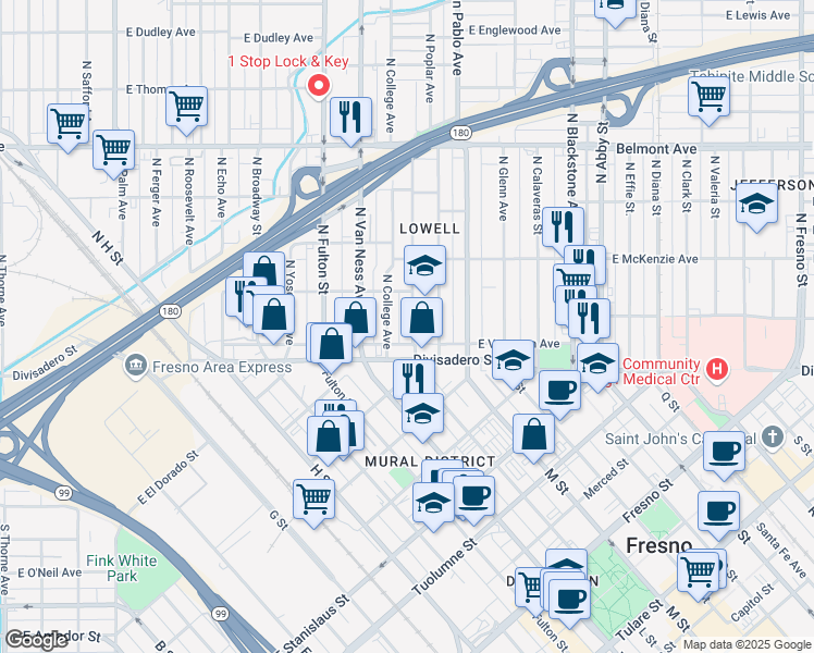 map of restaurants, bars, coffee shops, grocery stores, and more near 129 North Park Avenue in Fresno