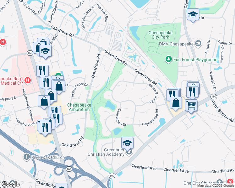 map of restaurants, bars, coffee shops, grocery stores, and more near 636 Hidden Falls Lane in Chesapeake