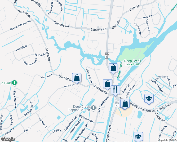 map of restaurants, bars, coffee shops, grocery stores, and more near 124 Westonia Road in Chesapeake