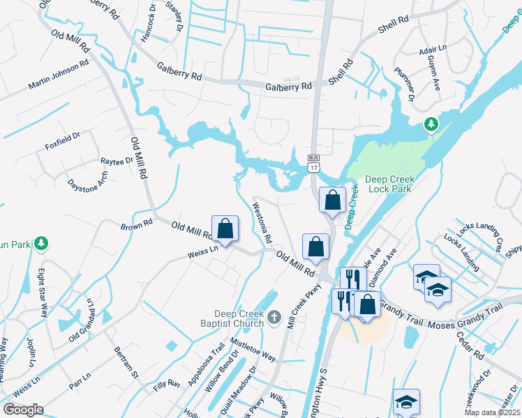 map of restaurants, bars, coffee shops, grocery stores, and more near 124 Westonia Road in Chesapeake