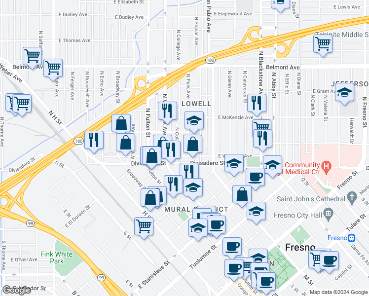 map of restaurants, bars, coffee shops, grocery stores, and more near 1105 East Divisadero Street in Fresno
