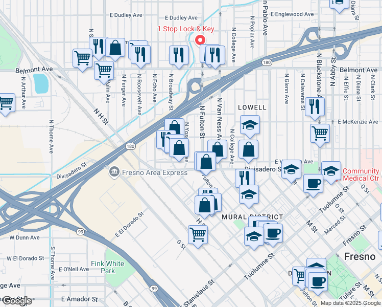 map of restaurants, bars, coffee shops, grocery stores, and more near 799 East Voorman Avenue in Fresno