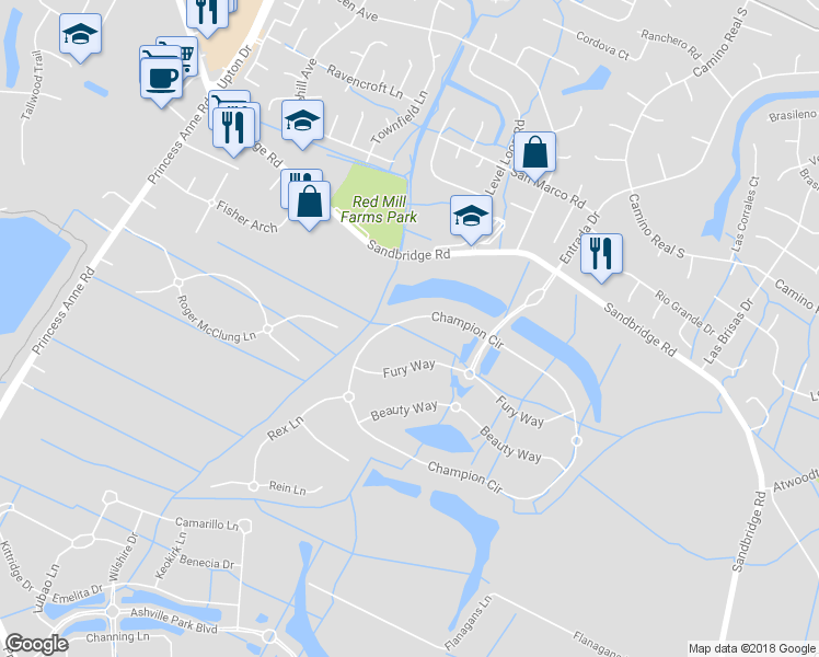 map of restaurants, bars, coffee shops, grocery stores, and more near 1824 Fury Way in Virginia Beach