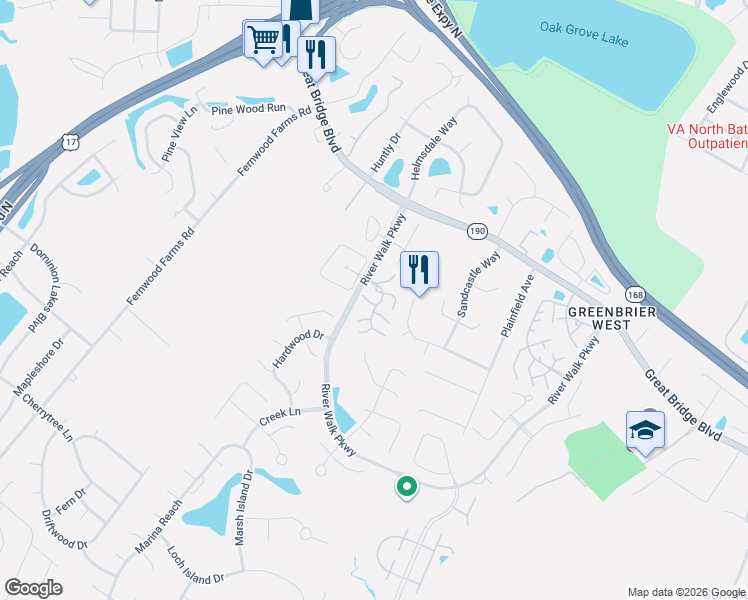 map of restaurants, bars, coffee shops, grocery stores, and more near 700 Nottoway River Court in Chesapeake