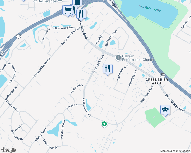 map of restaurants, bars, coffee shops, grocery stores, and more near 704 Meherrin River Court in Chesapeake