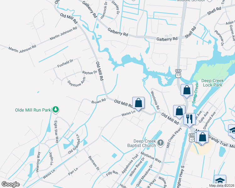 map of restaurants, bars, coffee shops, grocery stores, and more near 3236 Old Mill Road in Chesapeake