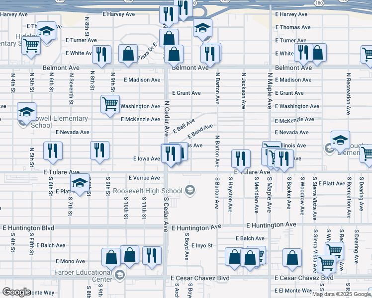 map of restaurants, bars, coffee shops, grocery stores, and more near 4330 East Illinois Avenue in Fresno