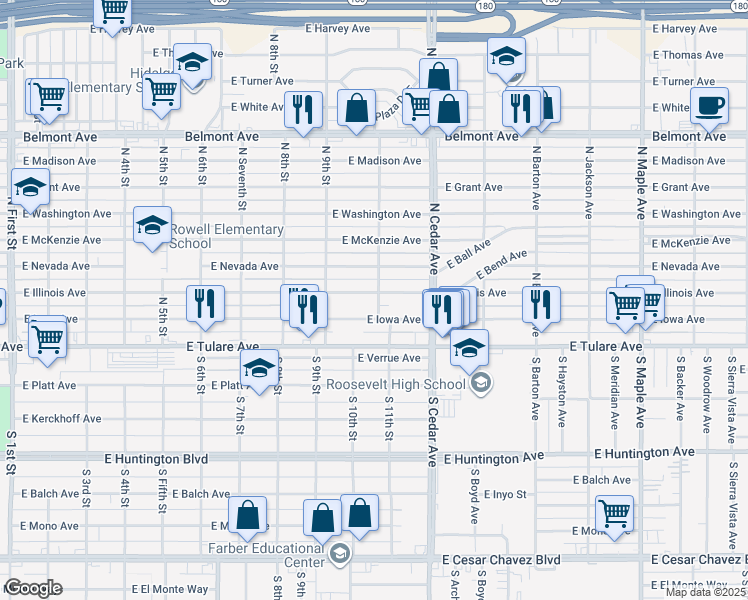 map of restaurants, bars, coffee shops, grocery stores, and more near 235 North 11th Street in Fresno