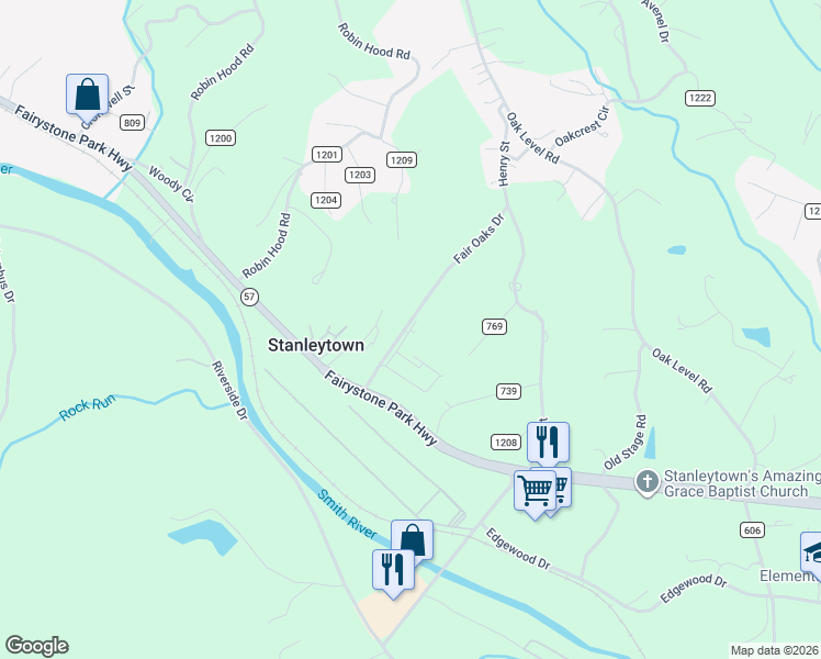 map of restaurants, bars, coffee shops, grocery stores, and more near Fair Oaks Drive in Stanleytown
