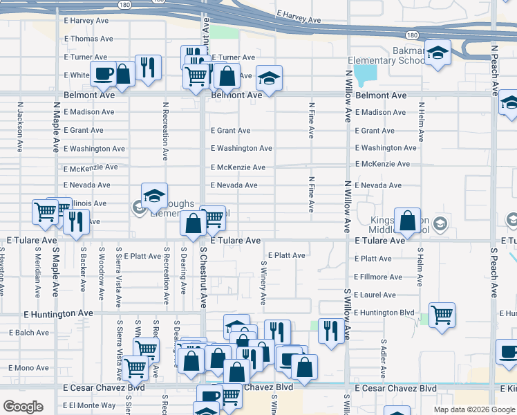map of restaurants, bars, coffee shops, grocery stores, and more near 4874 East Nevada Avenue in Fresno