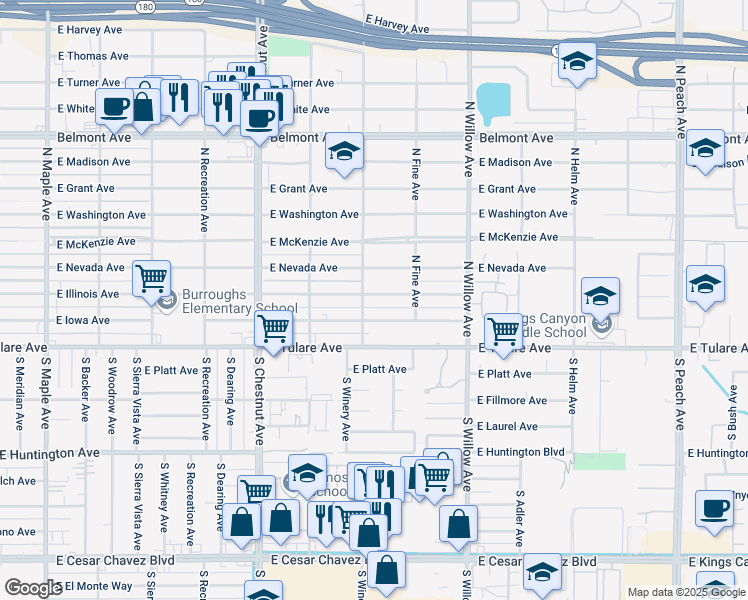 map of restaurants, bars, coffee shops, grocery stores, and more near 4912 East Illinois Avenue in Fresno
