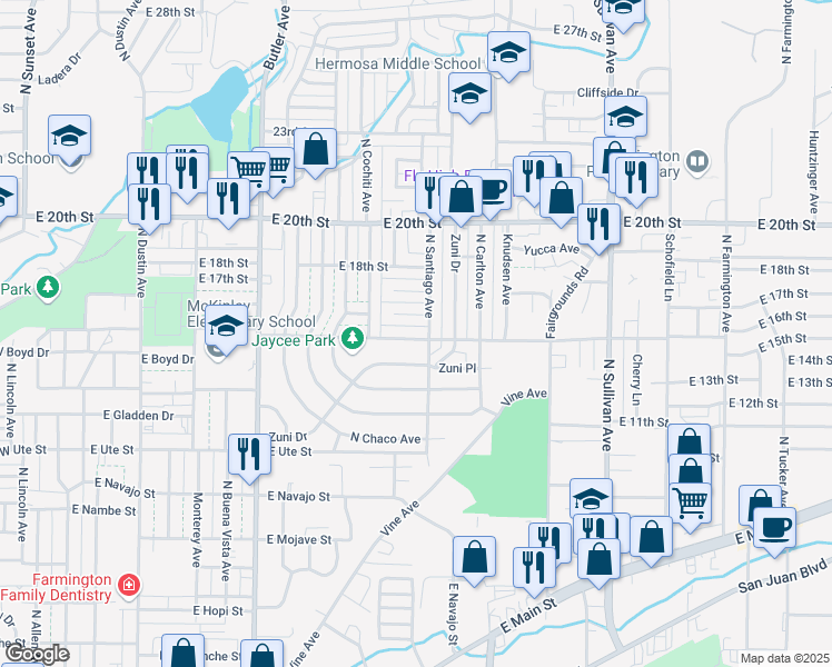 map of restaurants, bars, coffee shops, grocery stores, and more near 1220 Cooper Street in Farmington
