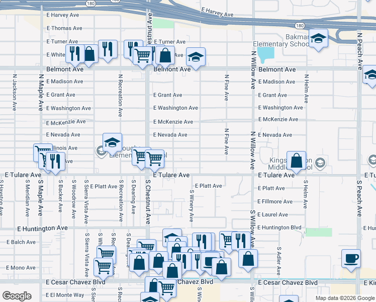 map of restaurants, bars, coffee shops, grocery stores, and more near 4874 East Nevada Avenue in Fresno