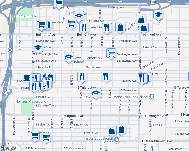 map of restaurants, bars, coffee shops, grocery stores, and more near 3750 East Nevada Avenue in Fresno