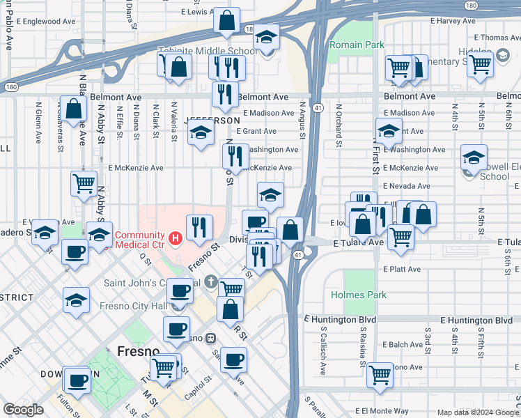 map of restaurants, bars, coffee shops, grocery stores, and more near 233 North Mariposa Street in Fresno