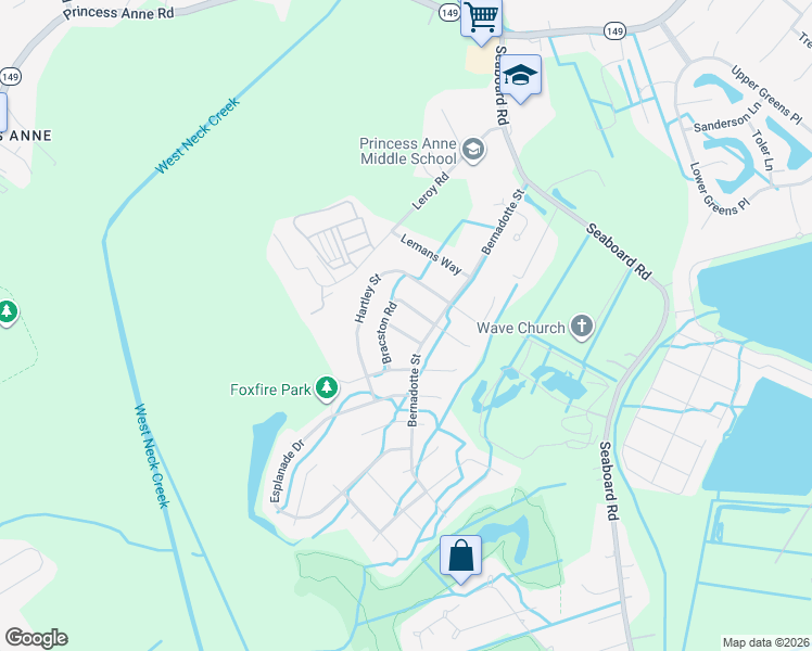 map of restaurants, bars, coffee shops, grocery stores, and more near 2635 Bracston Road in Virginia Beach