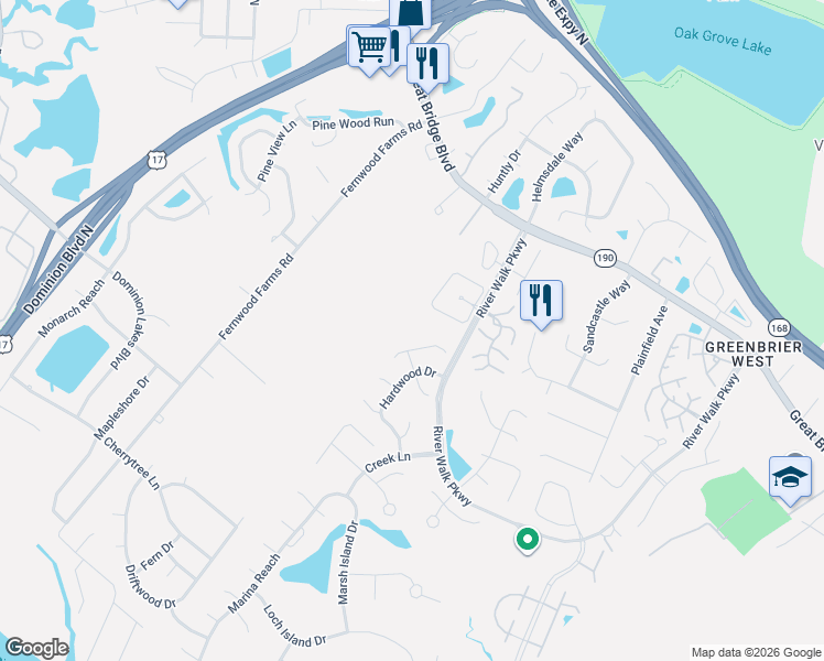 map of restaurants, bars, coffee shops, grocery stores, and more near 818 Needlerush Court in Chesapeake