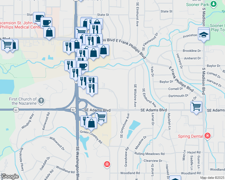 map of restaurants, bars, coffee shops, grocery stores, and more near 3900 Southeast Adams Road in Bartlesville