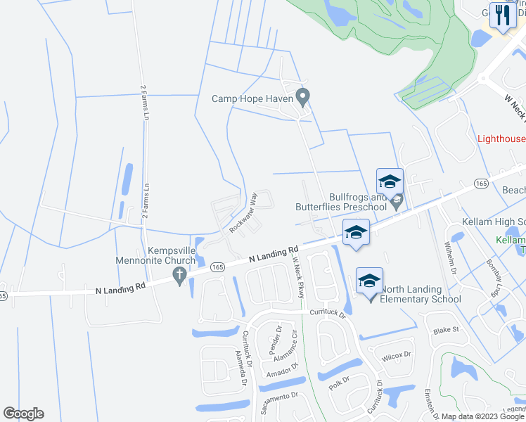 map of restaurants, bars, coffee shops, grocery stores, and more near 2425 Rockwater Circle in Virginia Beach