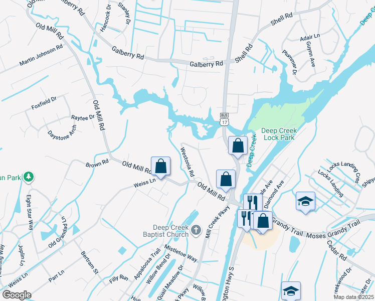 map of restaurants, bars, coffee shops, grocery stores, and more near 128 Westonia Road in Chesapeake
