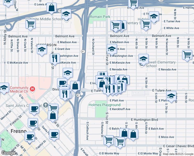map of restaurants, bars, coffee shops, grocery stores, and more near 3024 East Illinois Avenue in Fresno