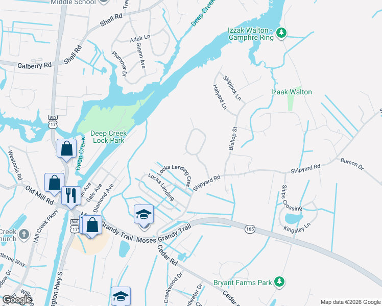 map of restaurants, bars, coffee shops, grocery stores, and more near 2417 Broadnax Circle in Chesapeake