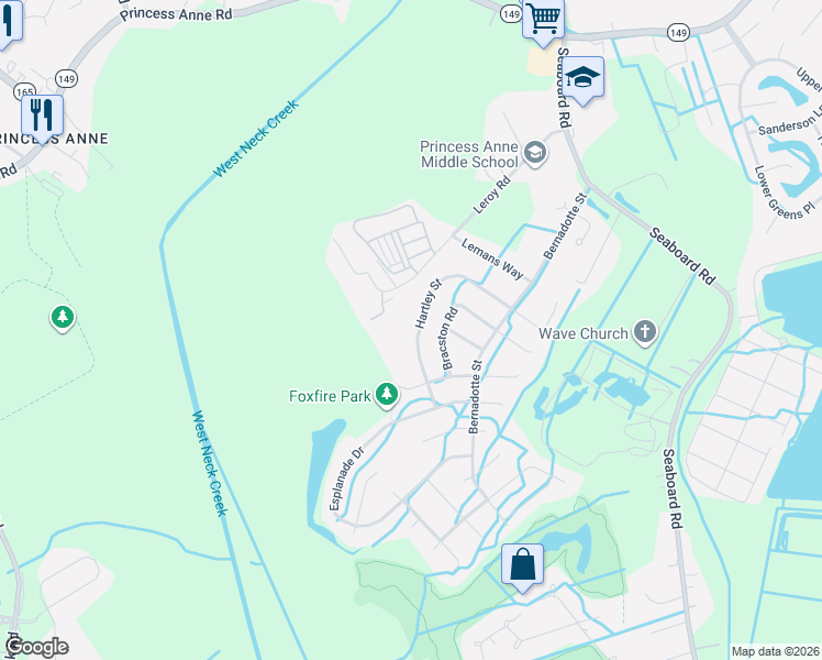 map of restaurants, bars, coffee shops, grocery stores, and more near 2604 Hartley Street in Virginia Beach