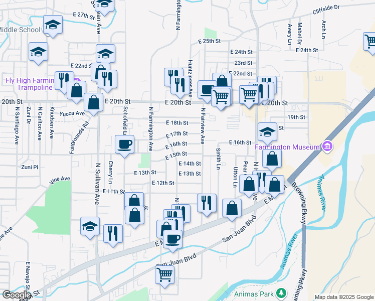 map of restaurants, bars, coffee shops, grocery stores, and more near 2320 East 15th Street in Farmington