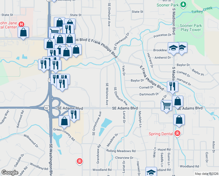 map of restaurants, bars, coffee shops, grocery stores, and more near 548 Southeast Wilshire Avenue in Bartlesville