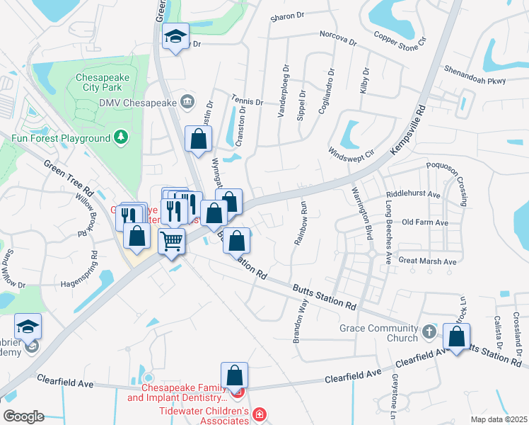 map of restaurants, bars, coffee shops, grocery stores, and more near 529 Trolley Crossing in Chesapeake