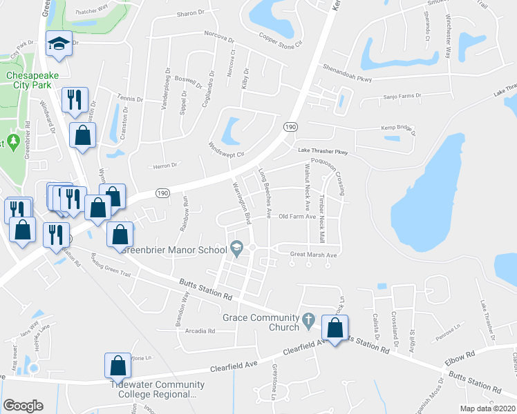 map of restaurants, bars, coffee shops, grocery stores, and more near 1105 Halton Lane in Chesapeake