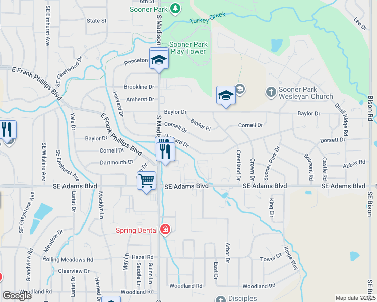 map of restaurants, bars, coffee shops, grocery stores, and more near 5608 Harvard Drive in Bartlesville