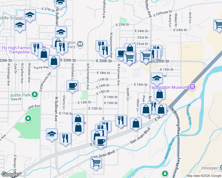 map of restaurants, bars, coffee shops, grocery stores, and more near 2316 East 16th Street in Farmington